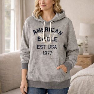 American Eagle Outfitters Gray Pullover Hoodie Sz. L Drawstring Graphic Eagle #5